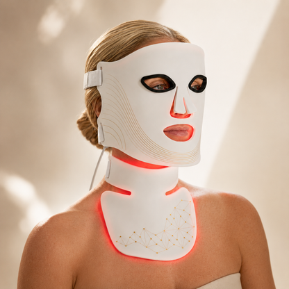 Woman wearing the DermaPro LED neck and decolletage device glowing red