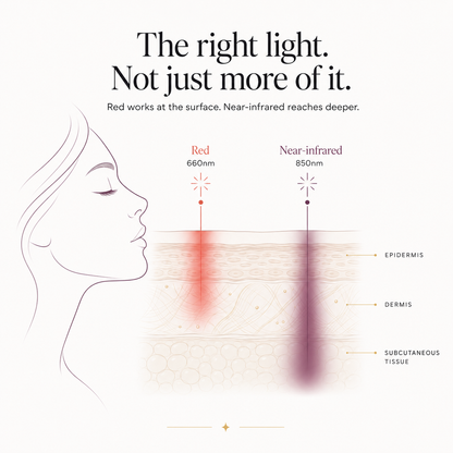 Diagram showing red 660nm and near-infrared 850nm light reaching the skin