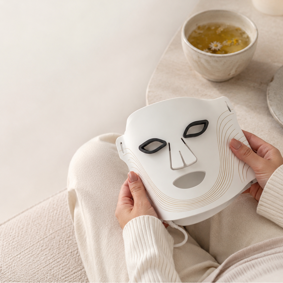 Woman holding the DermaPro LED face mask during her skincare routine