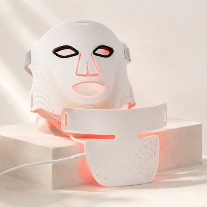 Morra DermaPro LED face mask and neck device glowing red light