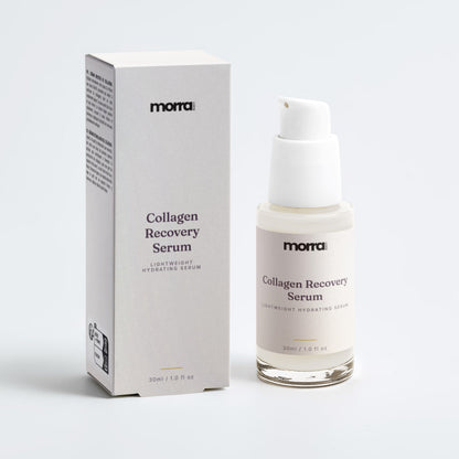 Mora Collagen Recovery Serum shown with its white packaging box and clear pump bottle on a clean white background.